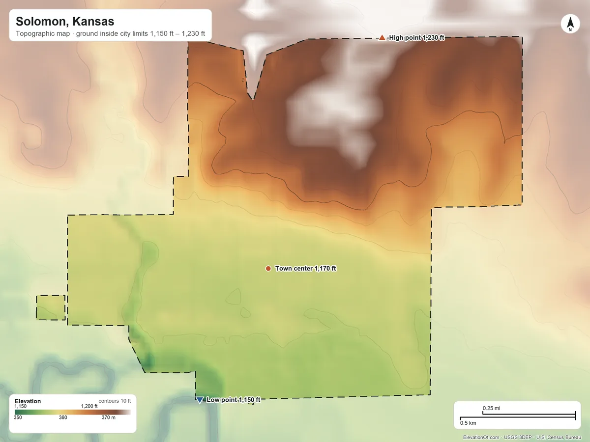 Topographic elevation map of Solomon, Kansas, shaded from 1,150 ft on the southwest side to 1,230 ft on the northeast side