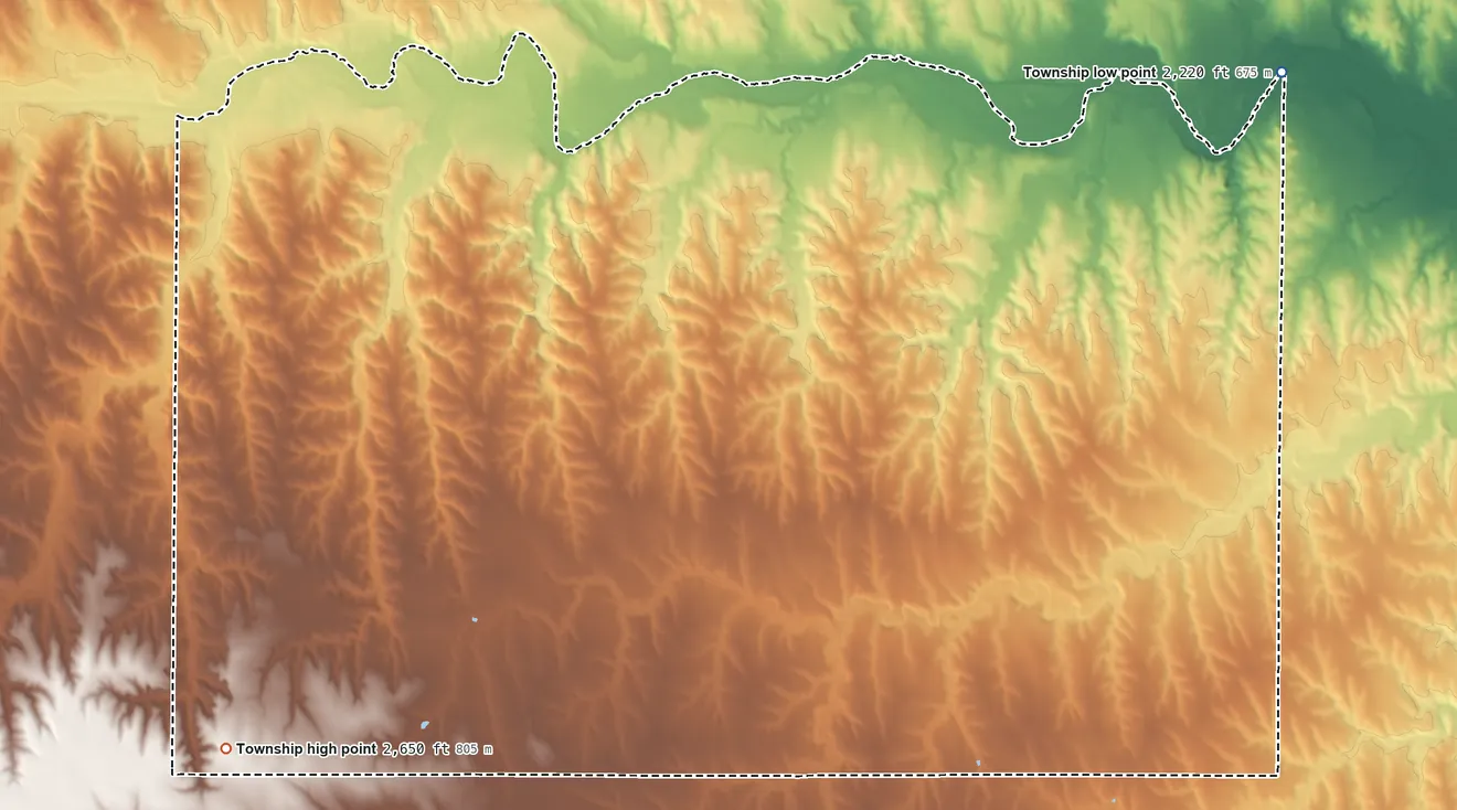 Topographic elevation map of Solomon Township, Graham County, Kansas, shaded from 2,220 ft on the east side to 2,650 ft on the southwest side