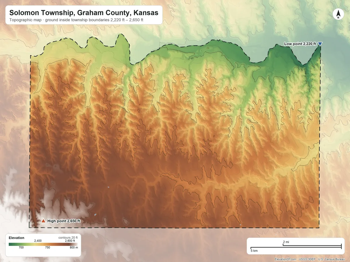 Topographic elevation map of Solomon Township, Graham County, Kansas, shaded from 2,220 ft on the east side to 2,650 ft on the southwest side