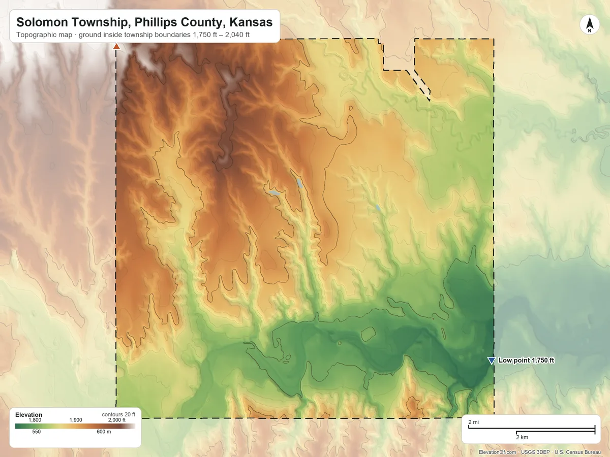 Topographic elevation map of Solomon Township, Phillips County, Kansas, shaded from 1,750 ft on the southeast side to 2,040 ft on the northwest side