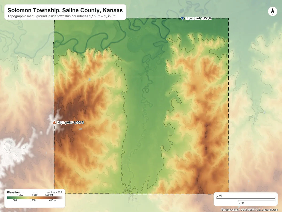 Topographic elevation map of Solomon Township, Saline County, Kansas, shaded from 1,150 ft on the northeast side to 1,350 ft on the southwest side