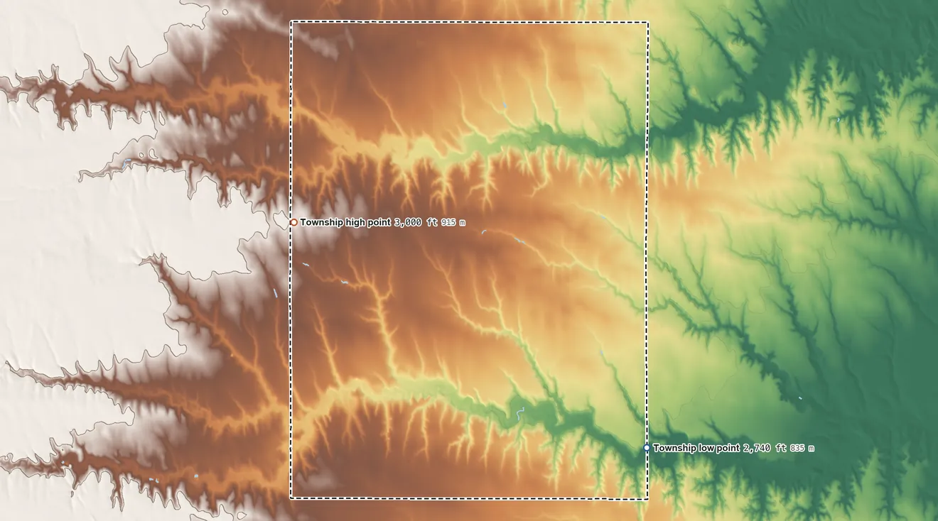 Topographic elevation map of Solomon Township, Sheridan County, Kansas, shaded from 2,740 ft on the southeast side to 3,000 ft on the northwest side