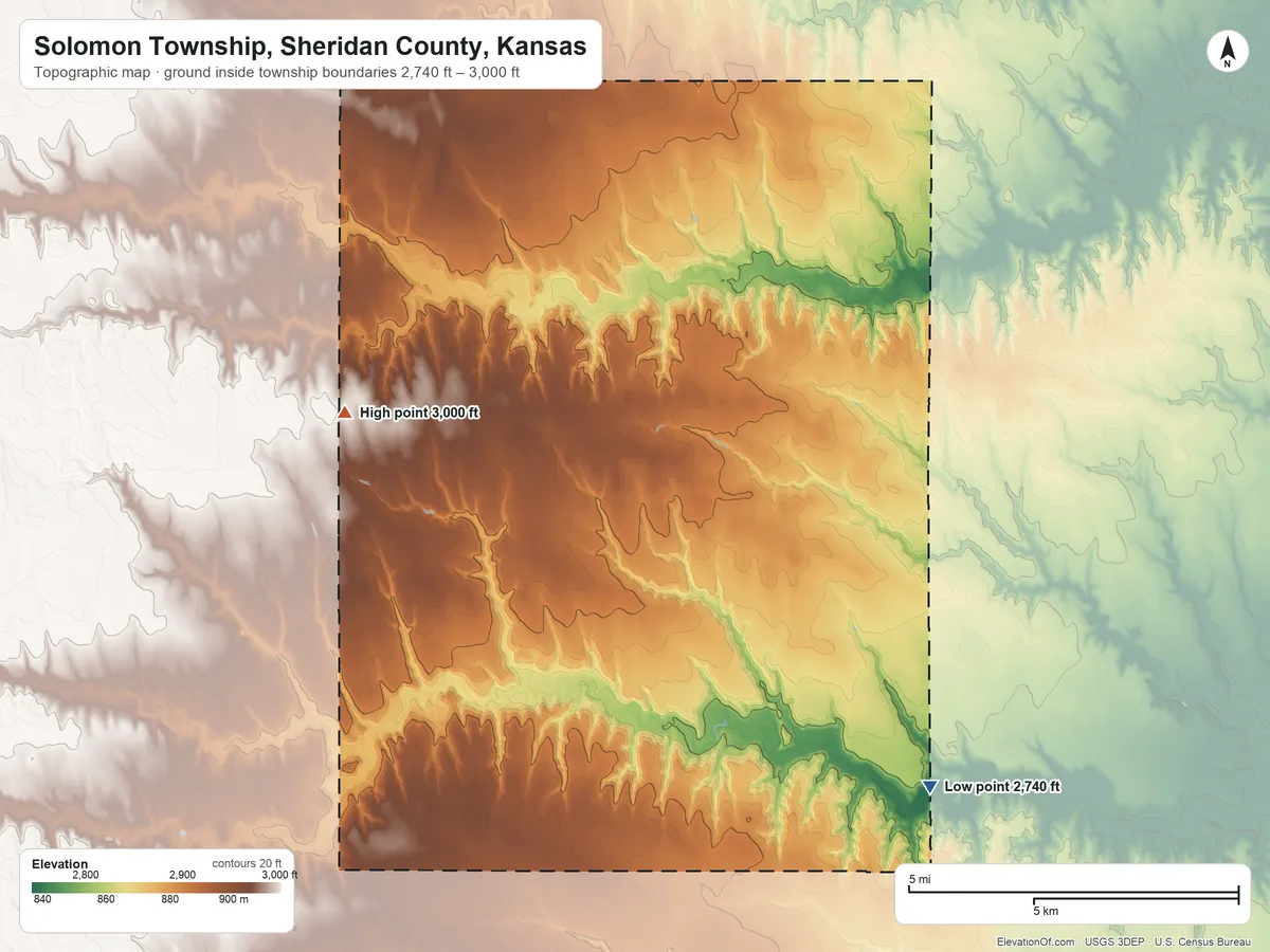Topographic elevation map of Solomon Township, Sheridan County, Kansas, shaded from 2,740 ft on the southeast side to 3,000 ft on the northwest side