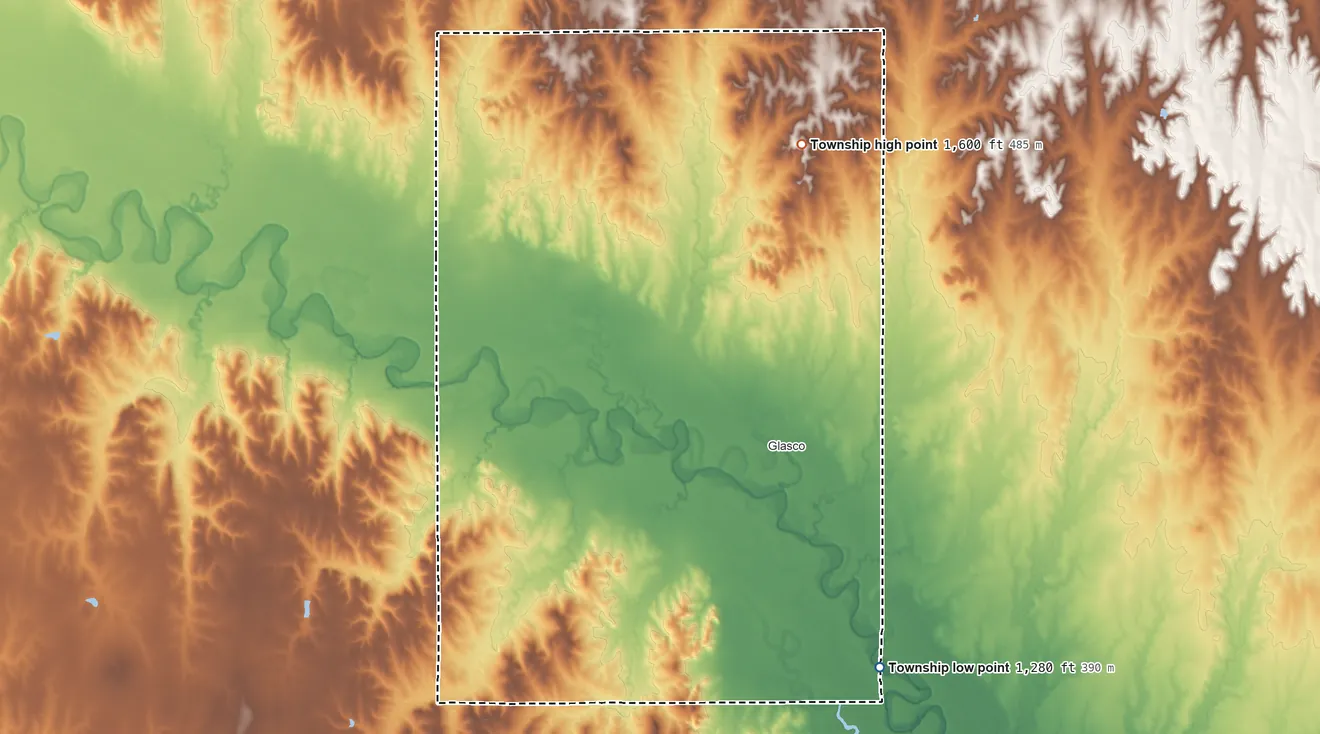 Topographic elevation map of Solomon Township, Kansas, shaded from 1,280 ft on the south side to 1,600 ft on the north side