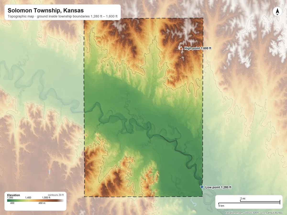 Topographic elevation map of Solomon Township, Kansas, shaded from 1,280 ft on the south side to 1,600 ft on the north side