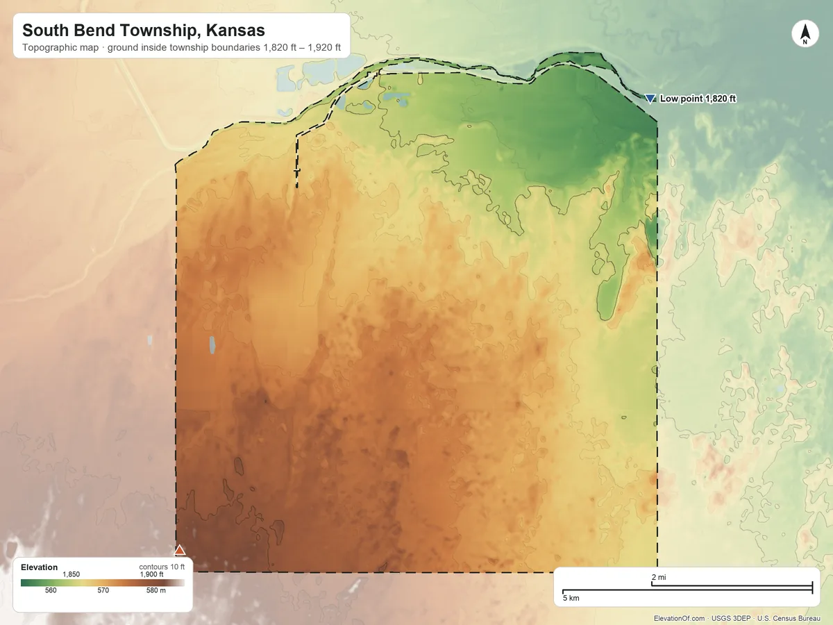 Topographic elevation map of South Bend Township, Kansas, shaded from 1,820 ft on the northeast side to 1,920 ft on the southwest side
