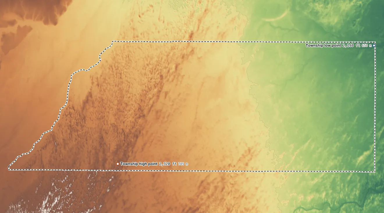Topographic elevation map of South Brown Township, Kansas, shaded from 2,140 ft on the northeast side to 2,320 ft on the west side