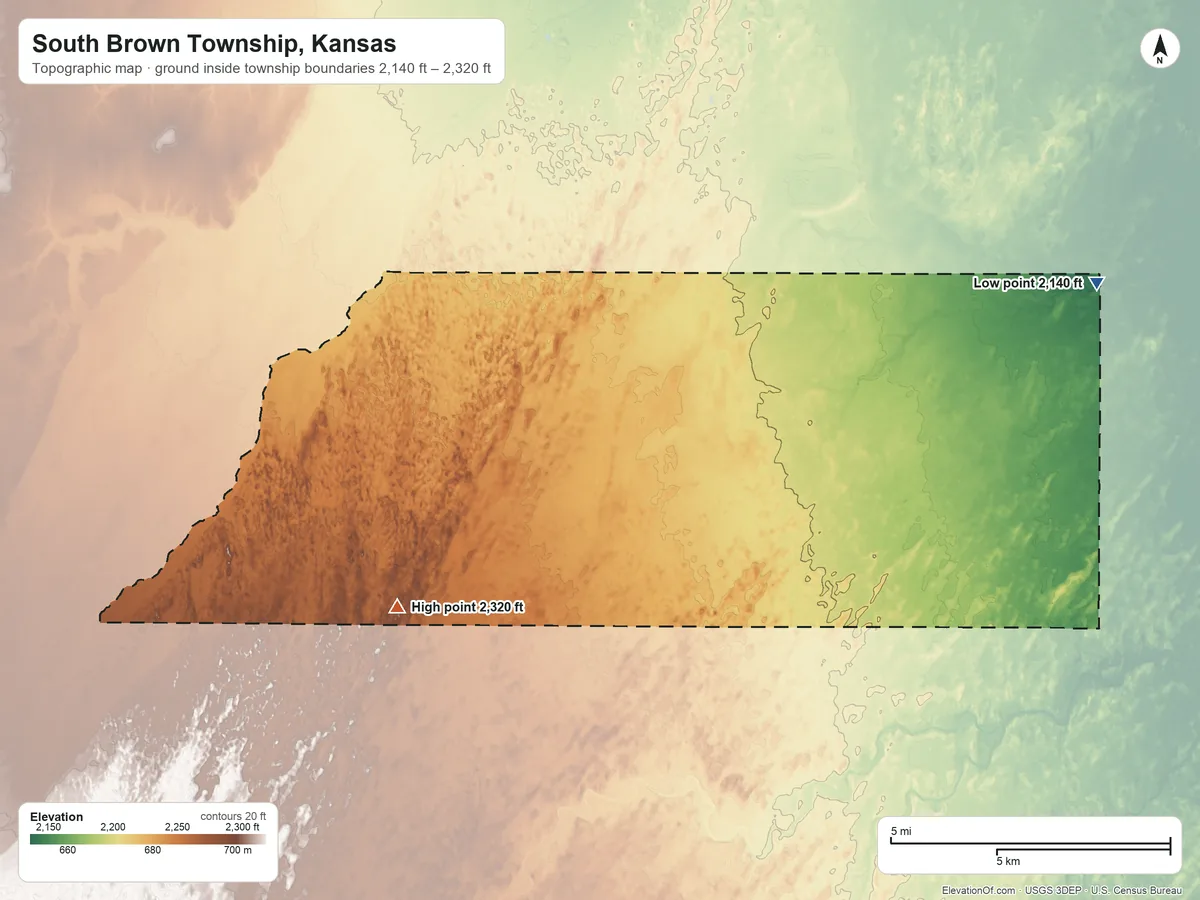 Topographic elevation map of South Brown Township, Kansas, shaded from 2,140 ft on the northeast side to 2,320 ft on the west side