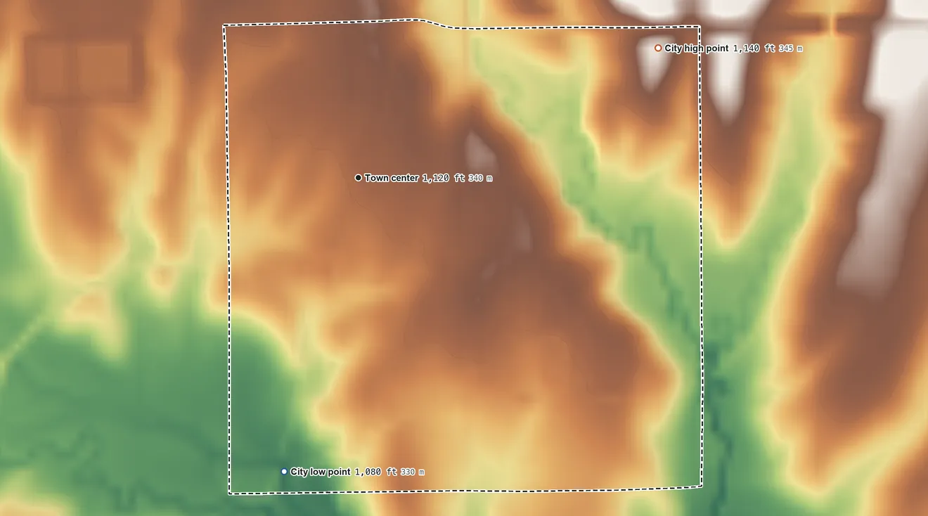Topographic elevation map of South Haven, Kansas, shaded from 1,080 ft on the south side to 1,140 ft on the northeast side