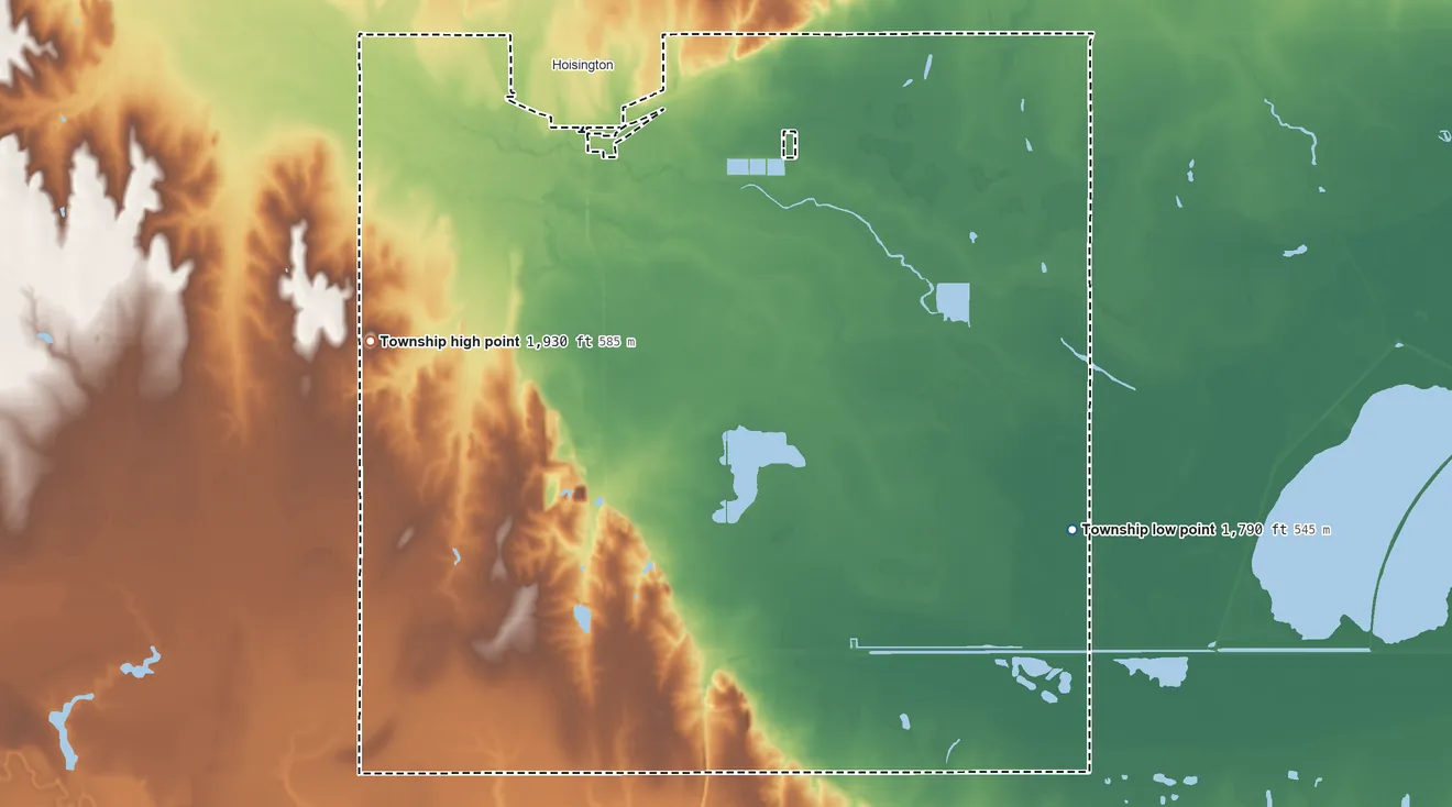 Topographic elevation map of South Homestead Township, Kansas, shaded from 1,790 ft on the east side to 1,930 ft on the northwest side