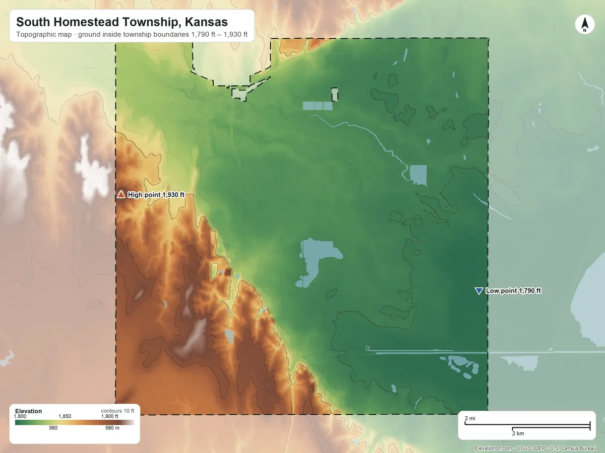 Topographic elevation map of South Homestead Township, Kansas, shaded from 1,790 ft on the east side to 1,930 ft on the northwest side