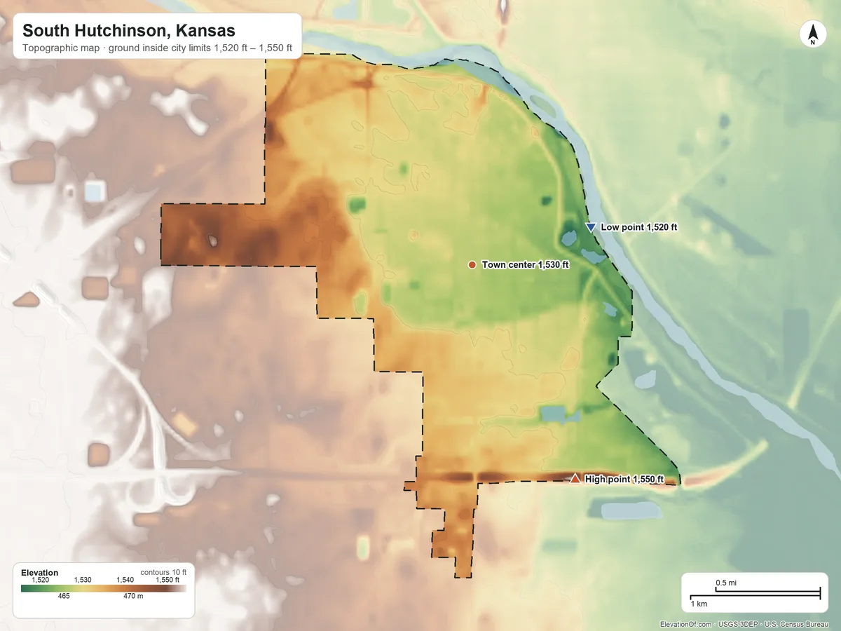 Topographic elevation map of South Hutchinson, Kansas, shaded from 1,520 ft on the east side to 1,550 ft on the southeast side