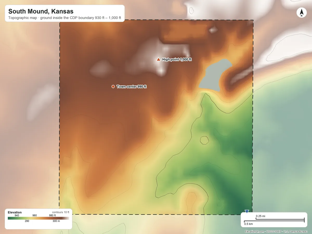 Topographic elevation map of South Mound, Kansas, shaded from 930 ft on the southeast side to 1,000 ft on the northeast side