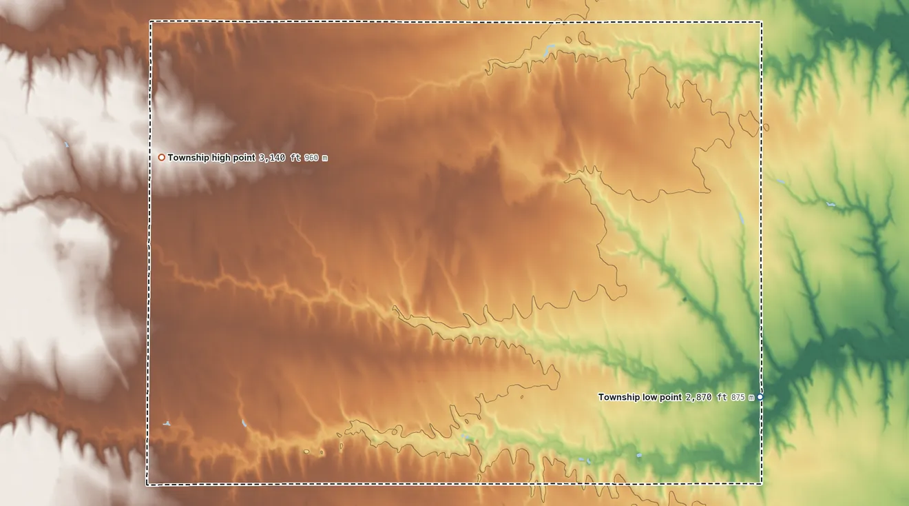 Topographic elevation map of South Randall Township, Kansas, shaded from 2,870 ft on the east side to 3,140 ft on the northwest side