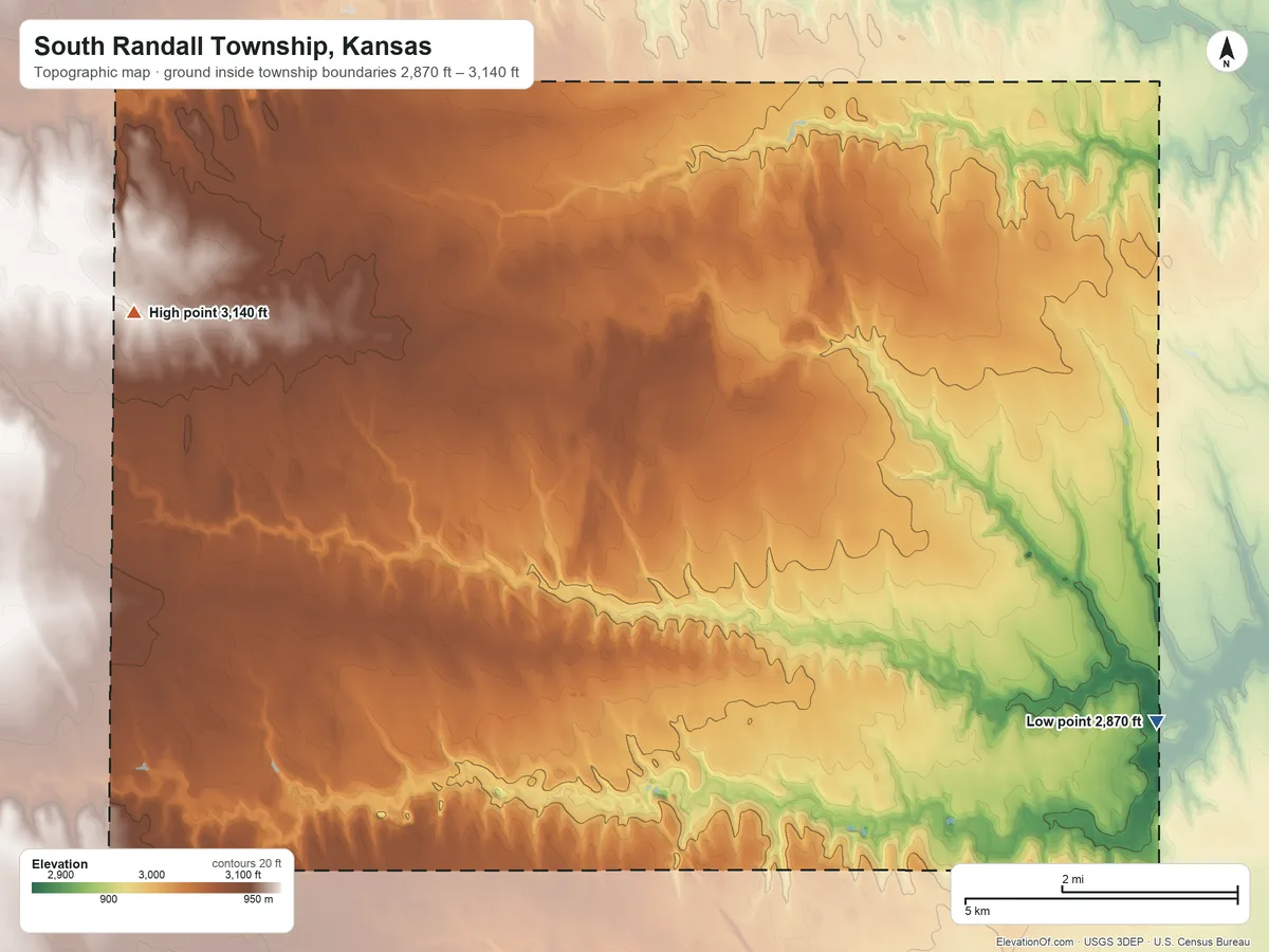 Topographic elevation map of South Randall Township, Kansas, shaded from 2,870 ft on the east side to 3,140 ft on the northwest side