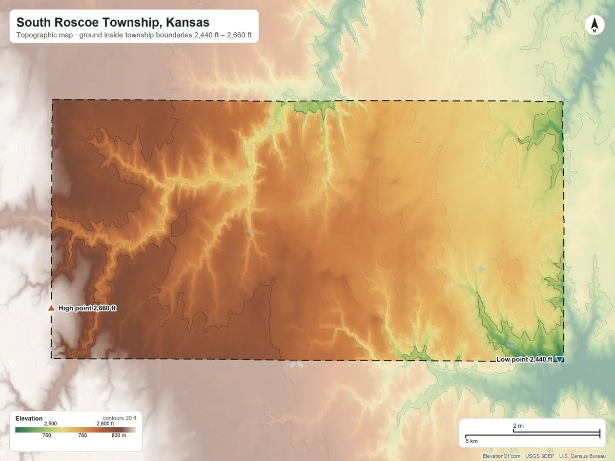 Topographic elevation map of South Roscoe Township, Kansas, shaded from 2,440 ft on the east side to 2,660 ft on the west side