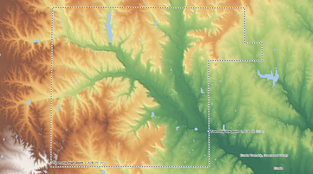 Topographic elevation map of South Salem Township, Kansas, shaded from 1,070 ft on the southeast side to 1,620 ft on the southwest side