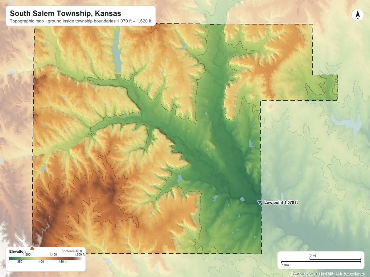 Topographic elevation map of South Salem Township, Kansas, shaded from 1,070 ft on the southeast side to 1,620 ft on the southwest side