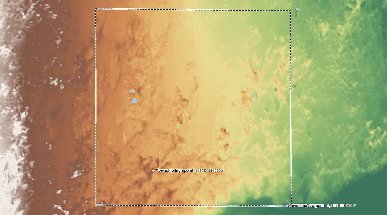 Topographic elevation map of South Seward Township, Kansas, shaded from 1,850 ft on the southeast side to 1,950 ft on the southwest side