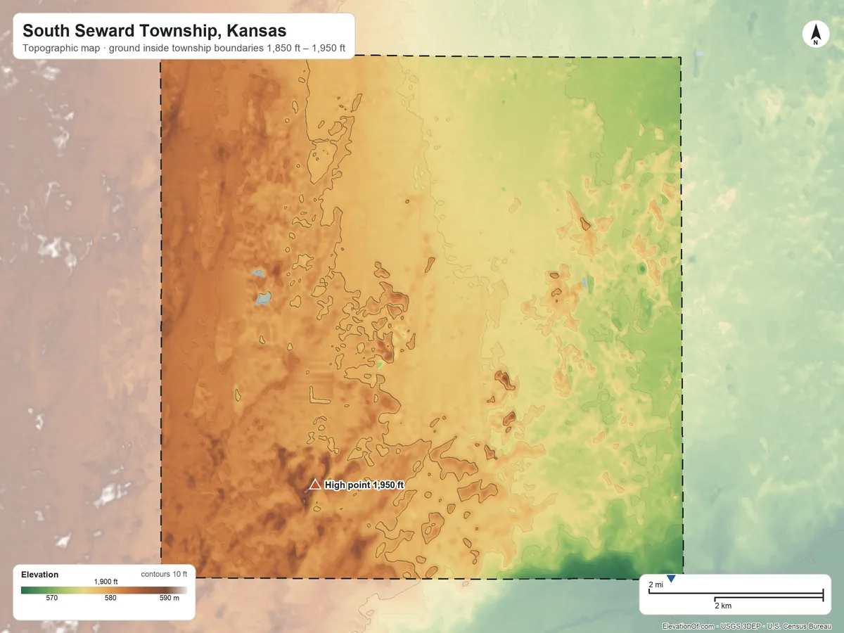 Topographic elevation map of South Seward Township, Kansas, shaded from 1,850 ft on the southeast side to 1,950 ft on the southwest side