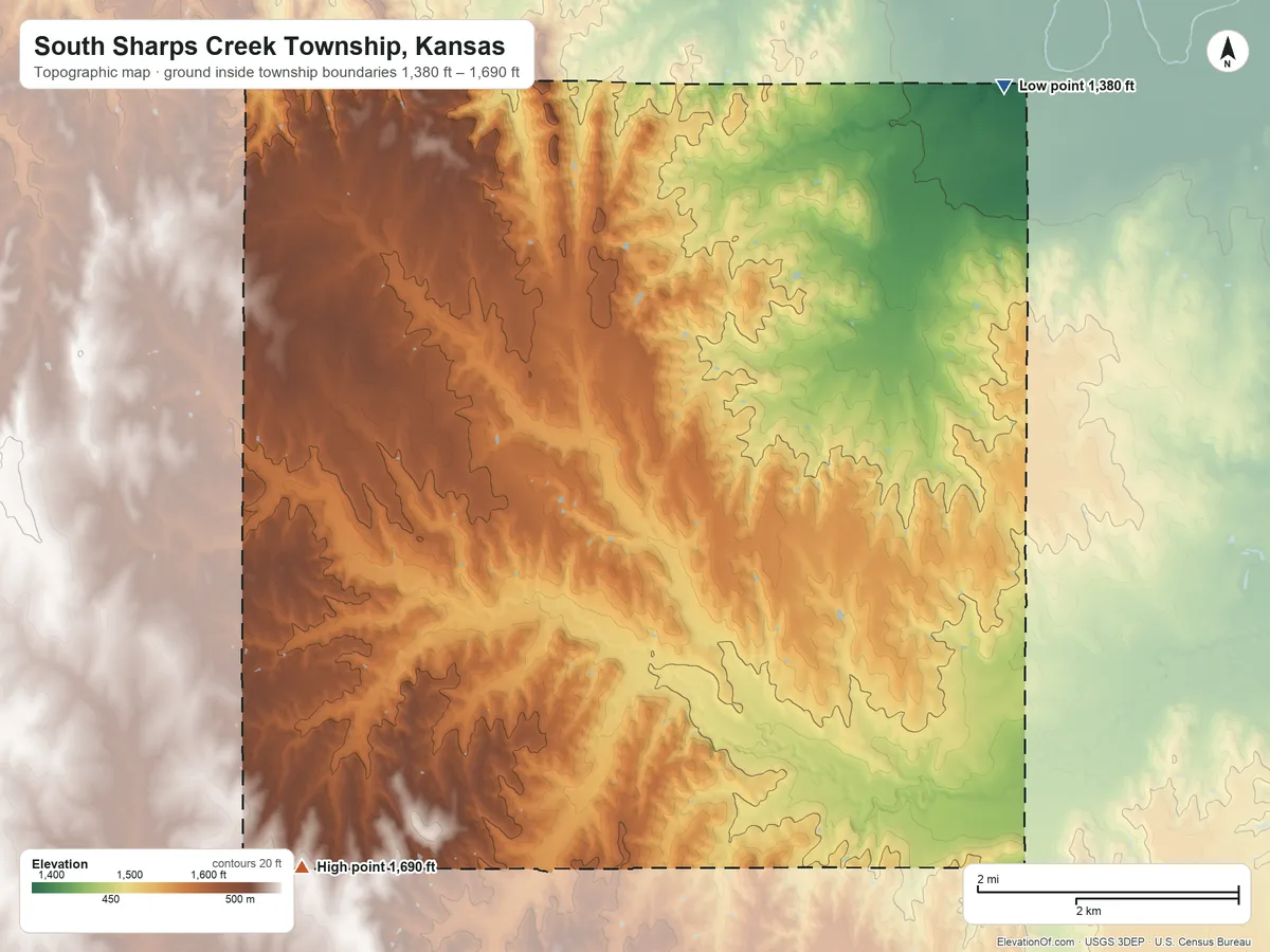 Topographic elevation map of South Sharps Creek Township, Kansas, shaded from 1,380 ft on the northeast side to 1,690 ft on the southwest side
