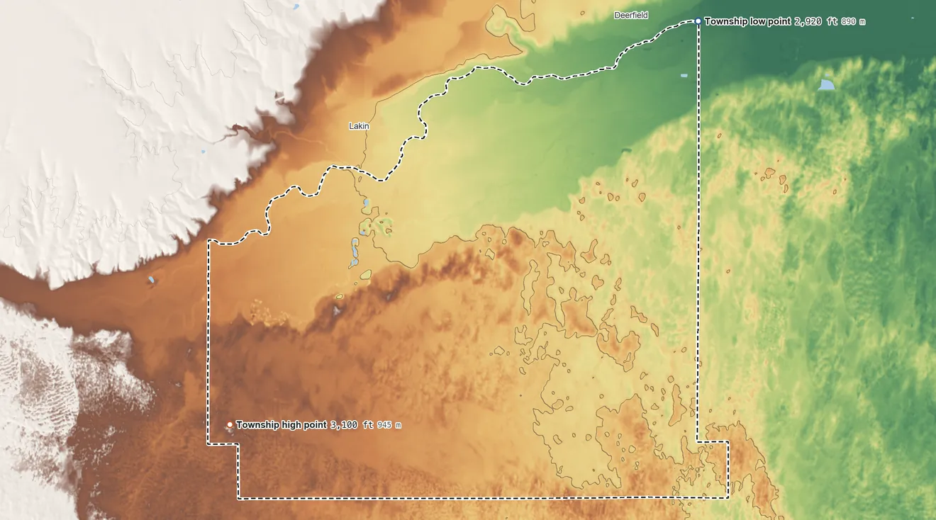 Topographic elevation map of Southside Township, Kansas, shaded from 2,920 ft on the northeast side to 3,100 ft on the southwest side