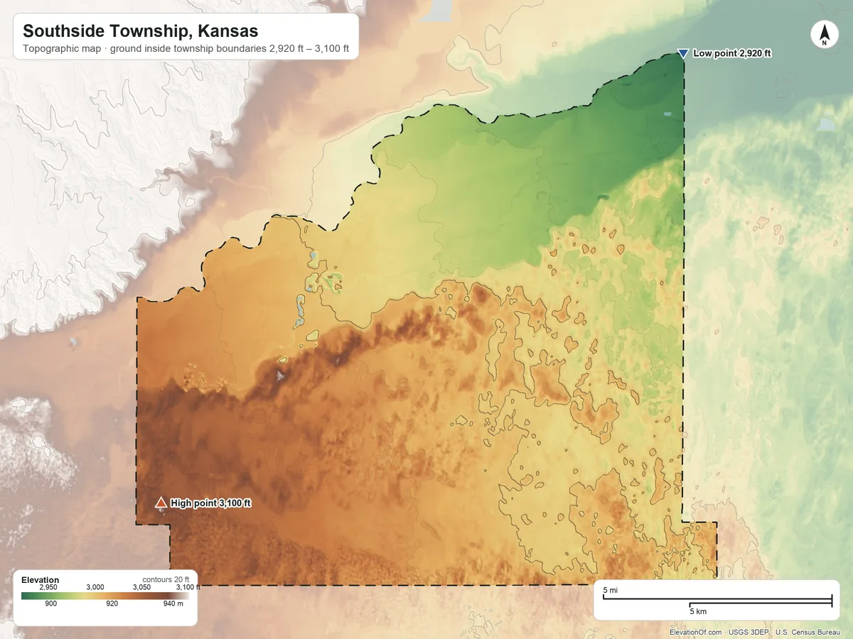 Topographic elevation map of Southside Township, Kansas, shaded from 2,920 ft on the northeast side to 3,100 ft on the southwest side