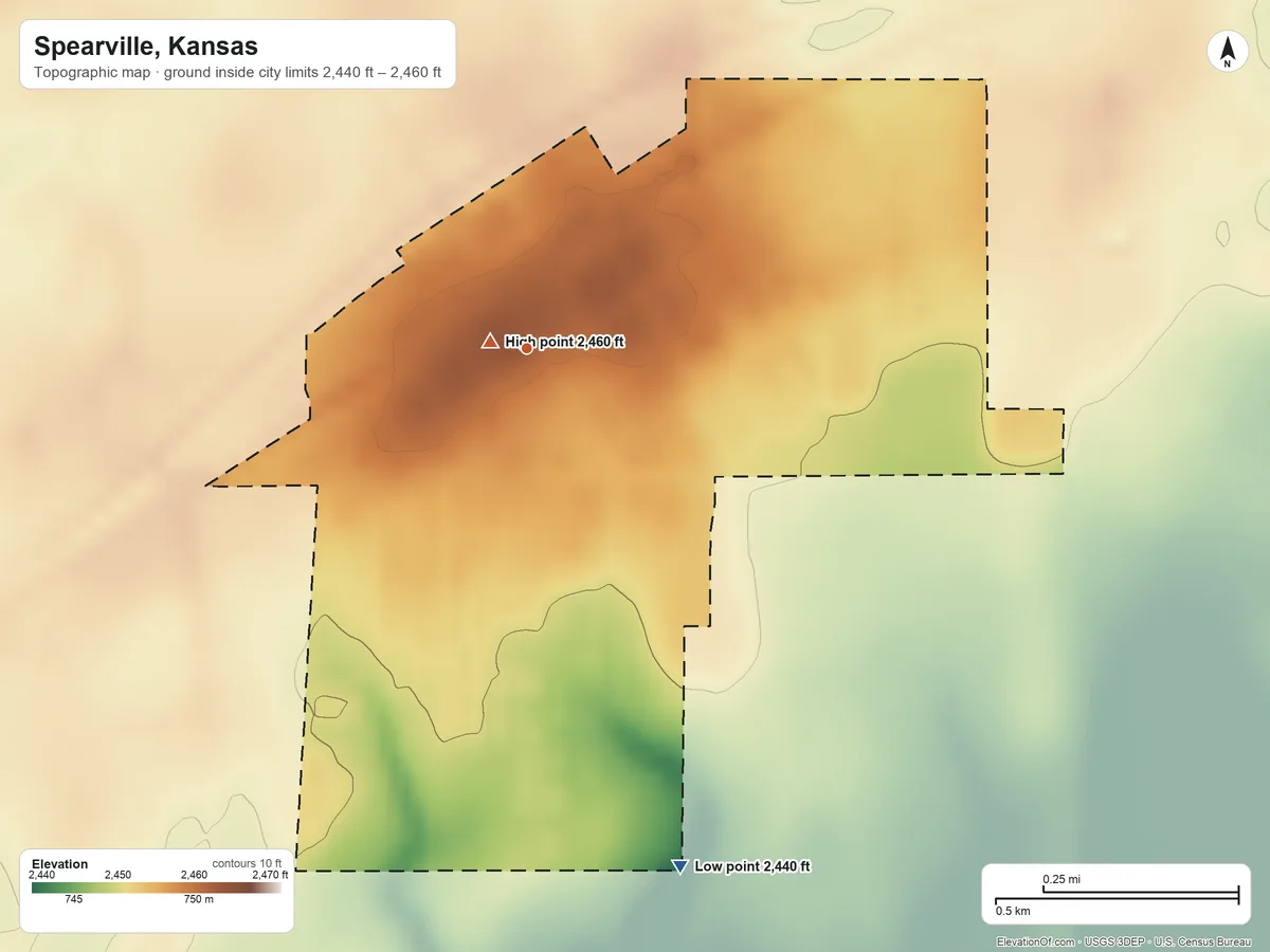Topographic elevation map of Spearville, Kansas, shaded from 2,440 ft on the south side to 2,460 ft near the middle