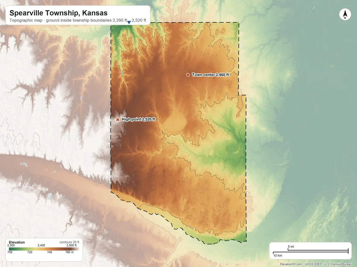 Topographic elevation map of Spearville Township, Kansas, shaded from 2,290 ft on the northwest side to 2,520 ft on the southwest side