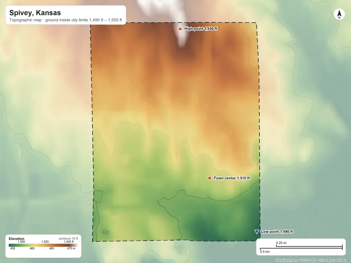 Topographic elevation map of Spivey, Kansas, shaded from 1,490 ft on the southeast side to 1,550 ft on the north side