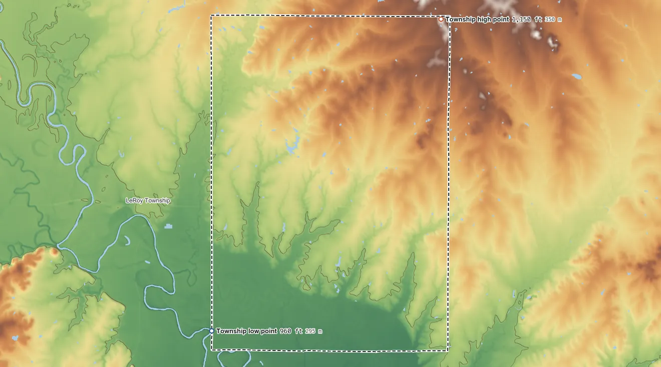 Topographic elevation map of Spring Creek Township, Coffey County, Kansas, shaded from 960 ft on the southwest side to 1,150 ft on the northeast side