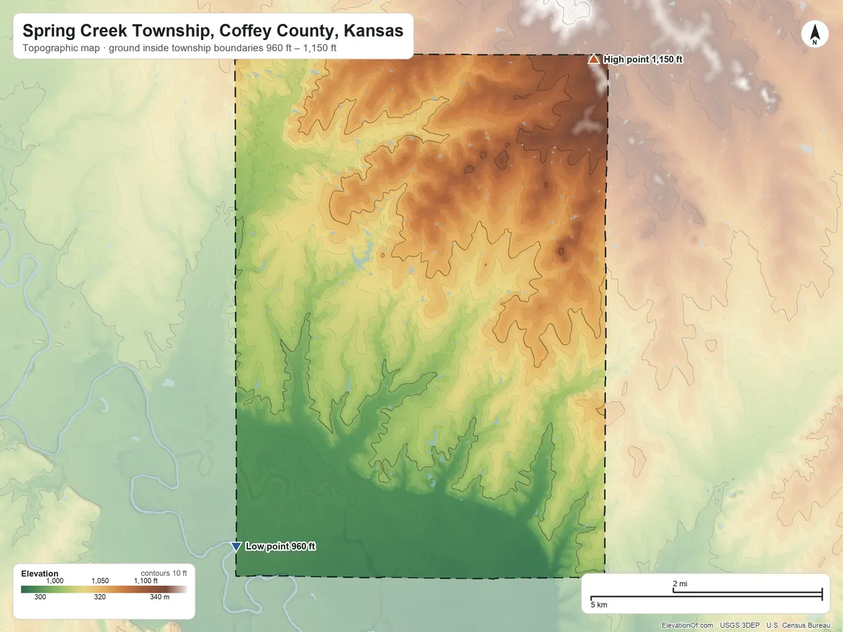 Topographic elevation map of Spring Creek Township, Coffey County, Kansas, shaded from 960 ft on the southwest side to 1,150 ft on the northeast side