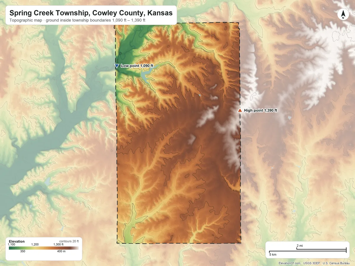 Topographic elevation map of Spring Creek Township, Cowley County, Kansas, shaded from 1,090 ft on the northwest side to 1,390 ft on the northeast side