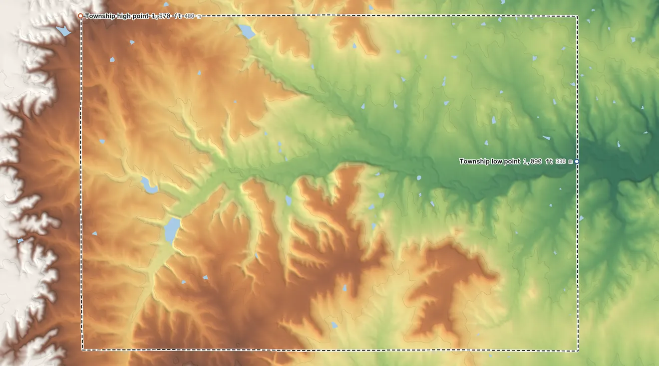 Topographic elevation map of Spring Creek Township, Greenwood County, Kansas, shaded from 1,090 ft on the east side to 1,570 ft on the west side