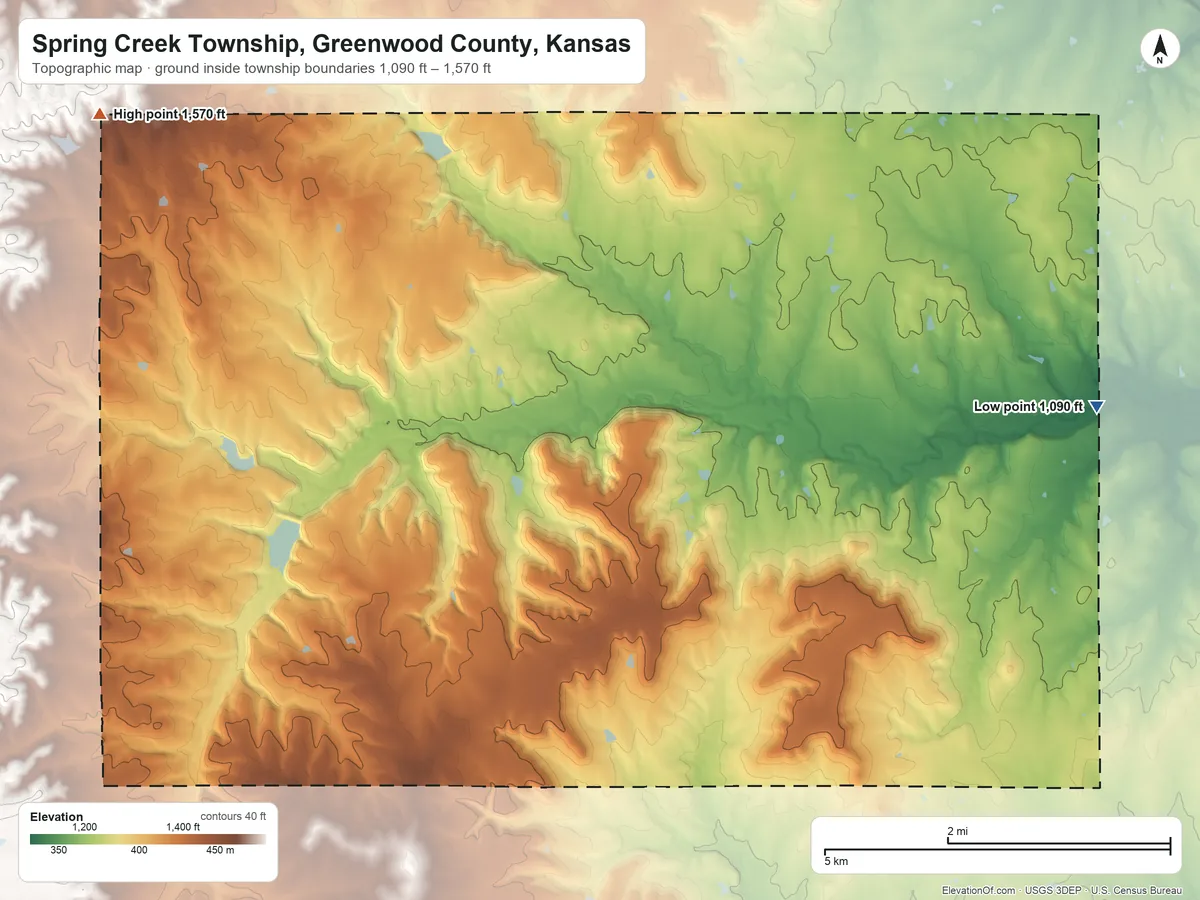 Topographic elevation map of Spring Creek Township, Greenwood County, Kansas, shaded from 1,090 ft on the east side to 1,570 ft on the west side