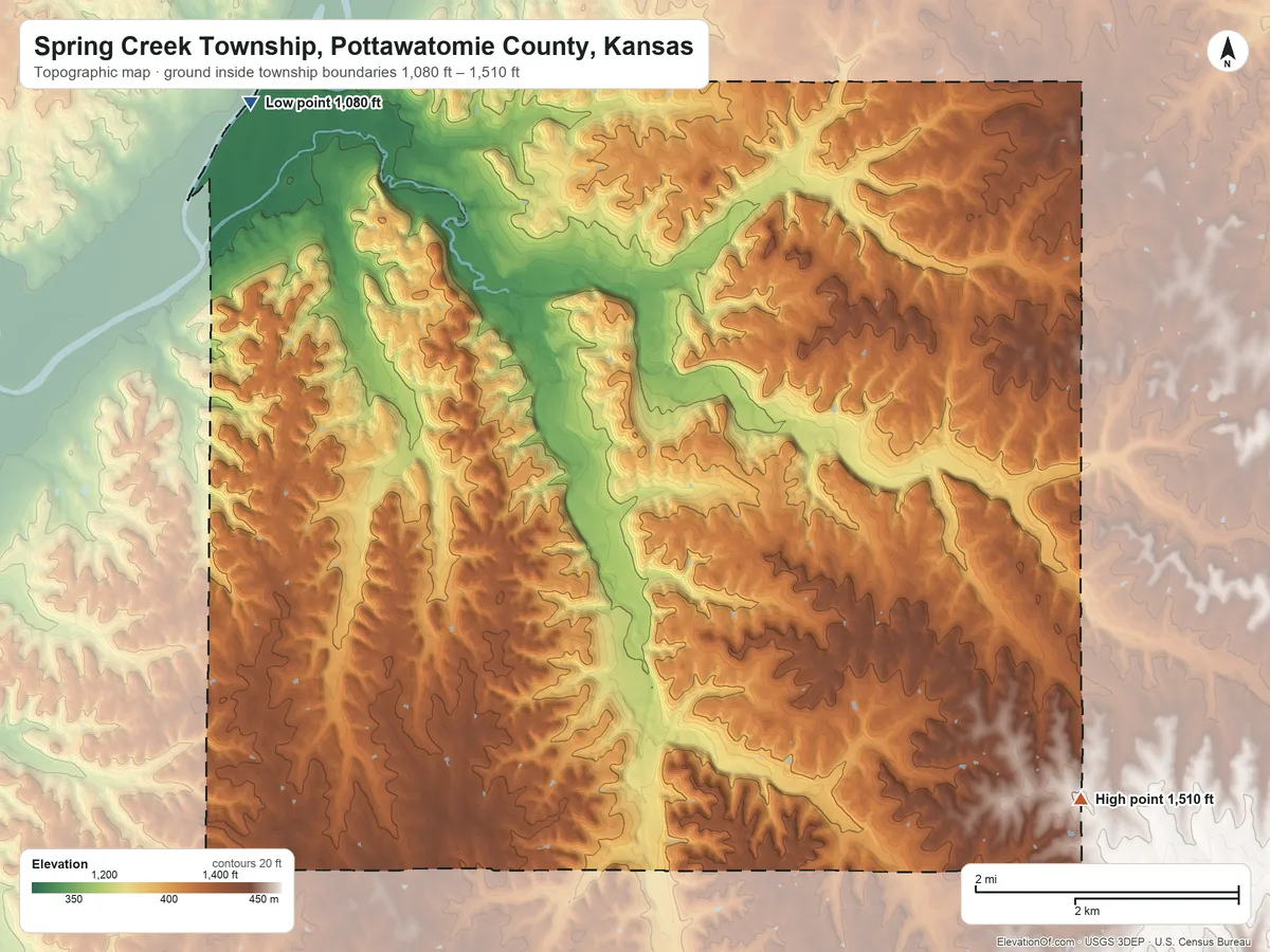 Topographic elevation map of Spring Creek Township, Pottawatomie County, Kansas, shaded from 1,080 ft on the northwest side to 1,510 ft on the southeast side