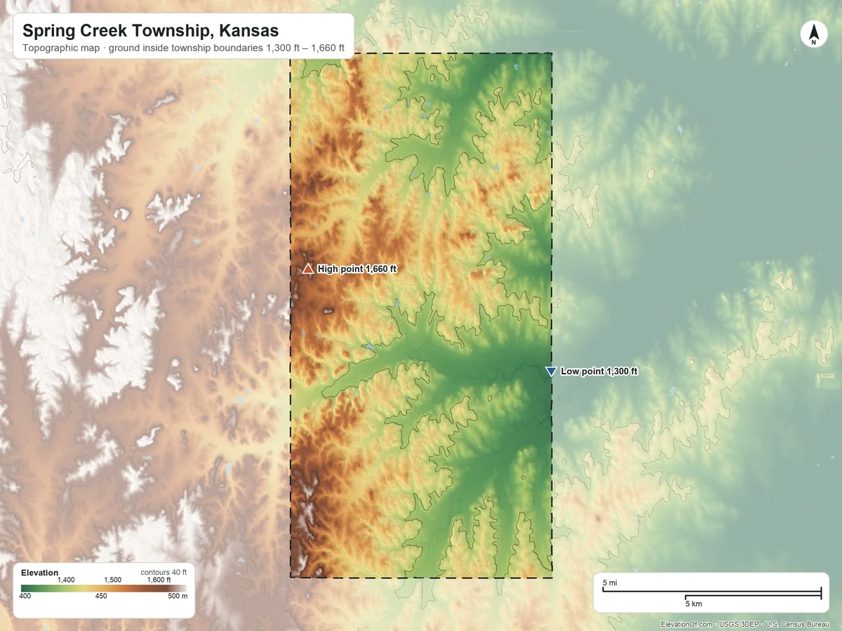 Topographic elevation map of Spring Creek Township, Kansas, shaded from 1,300 ft on the east side to 1,660 ft on the northwest side