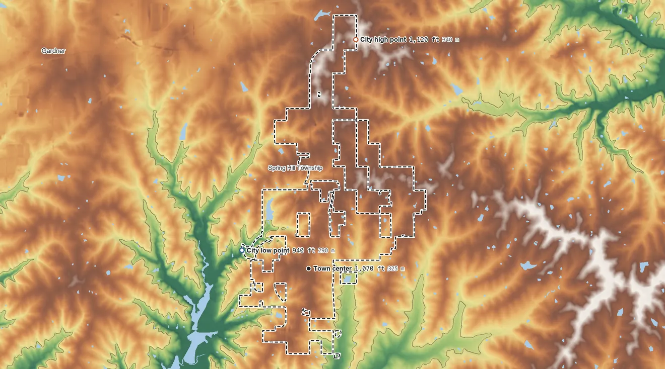 Topographic elevation map of Spring Hill, Kansas, shaded from 940 ft on the west side to 1,120 ft on the north side