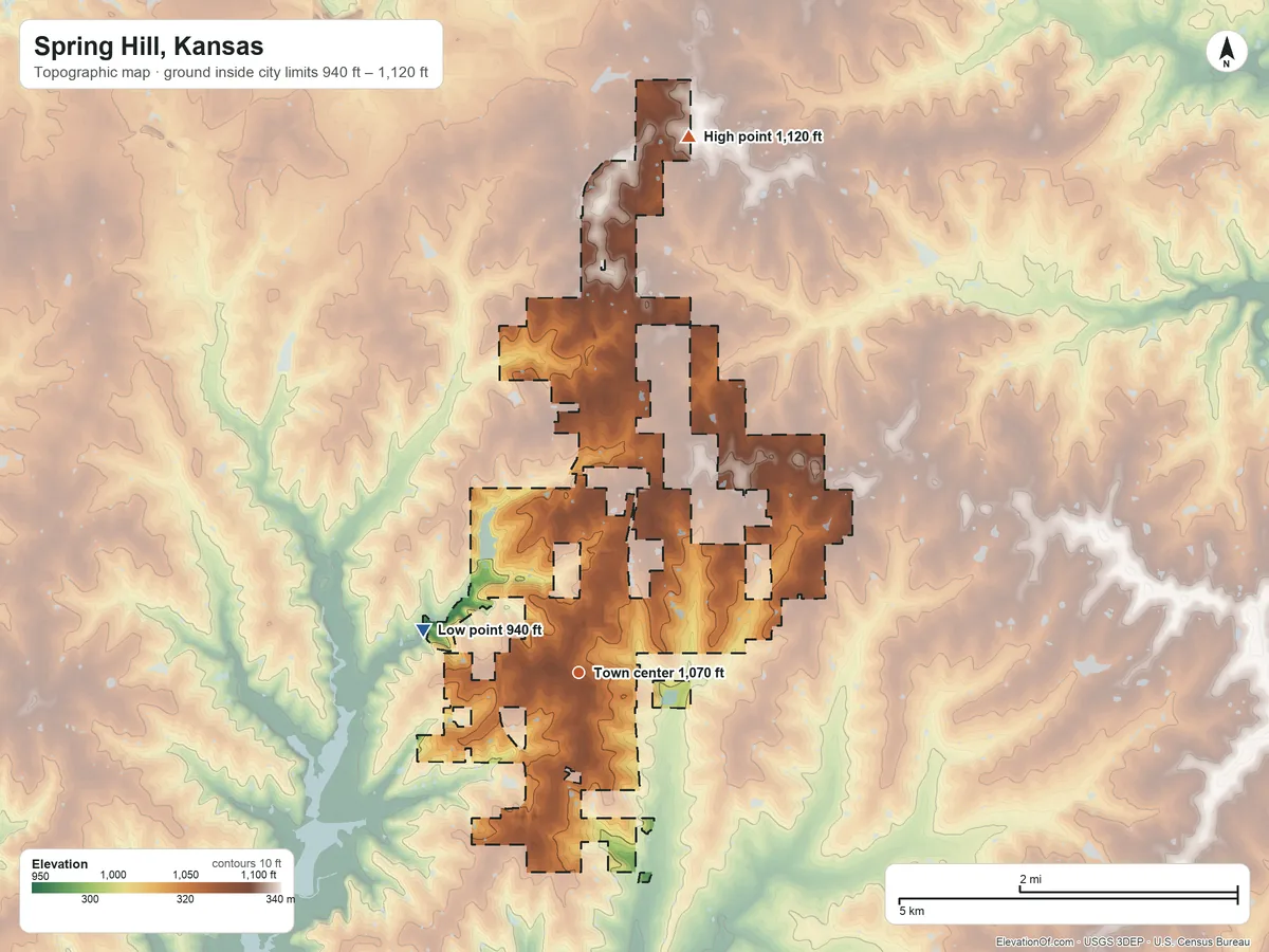 Topographic elevation map of Spring Hill, Kansas, shaded from 940 ft on the west side to 1,120 ft on the north side
