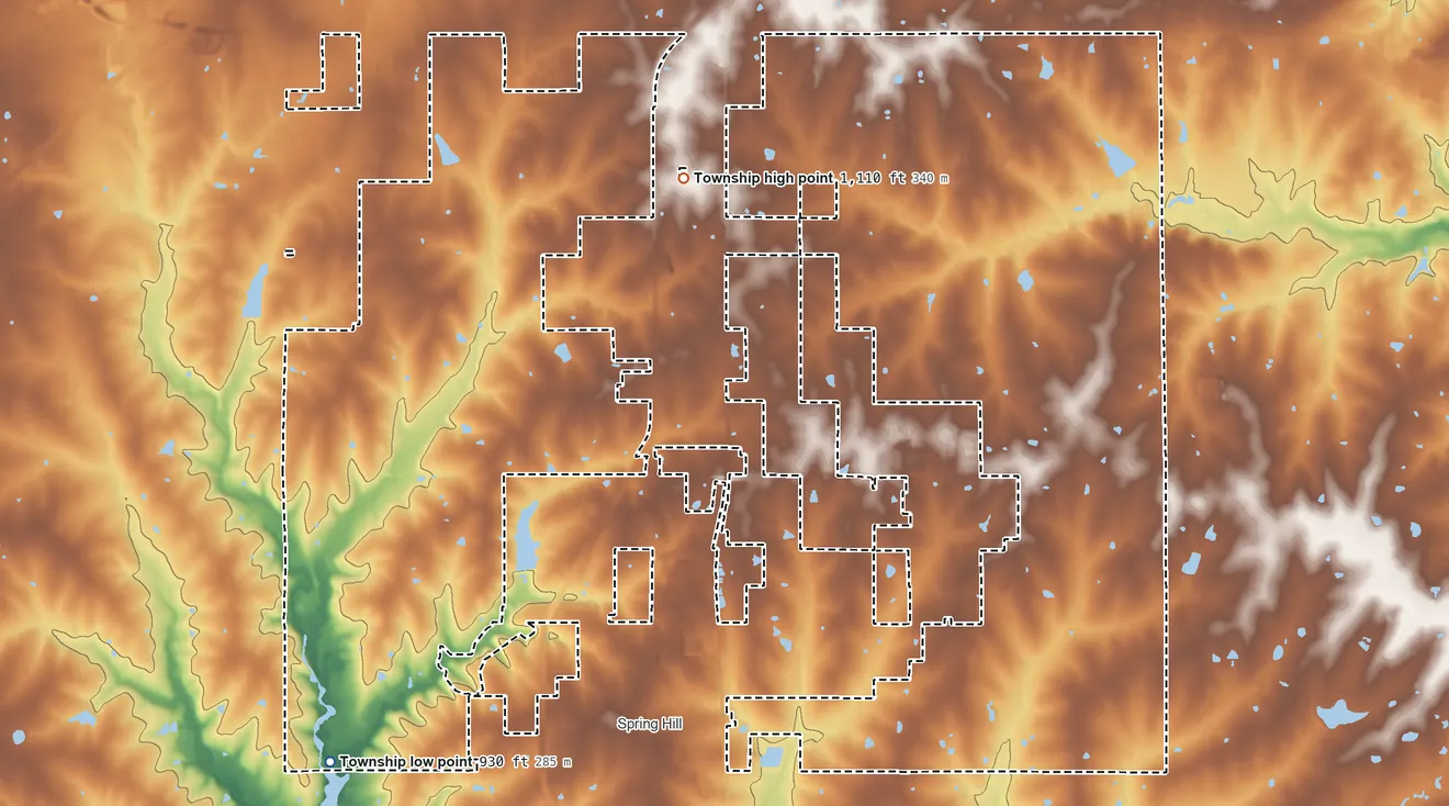 Topographic elevation map of Spring Hill Township, Kansas, shaded from 930 ft on the southwest side to 1,110 ft on the north side