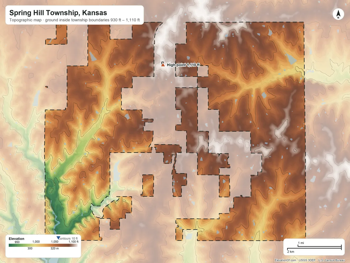 Topographic elevation map of Spring Hill Township, Kansas, shaded from 930 ft on the southwest side to 1,110 ft on the north side