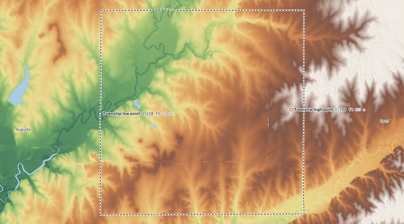 Topographic elevation map of Spring Township, Kansas, shaded from 1,210 ft on the west side to 1,390 ft on the east side