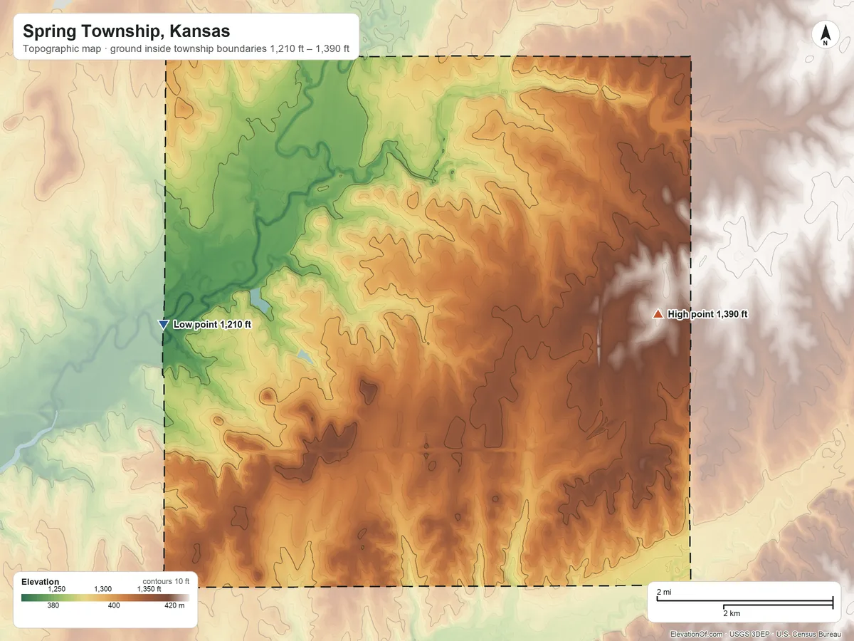 Topographic elevation map of Spring Township, Kansas, shaded from 1,210 ft on the west side to 1,390 ft on the east side