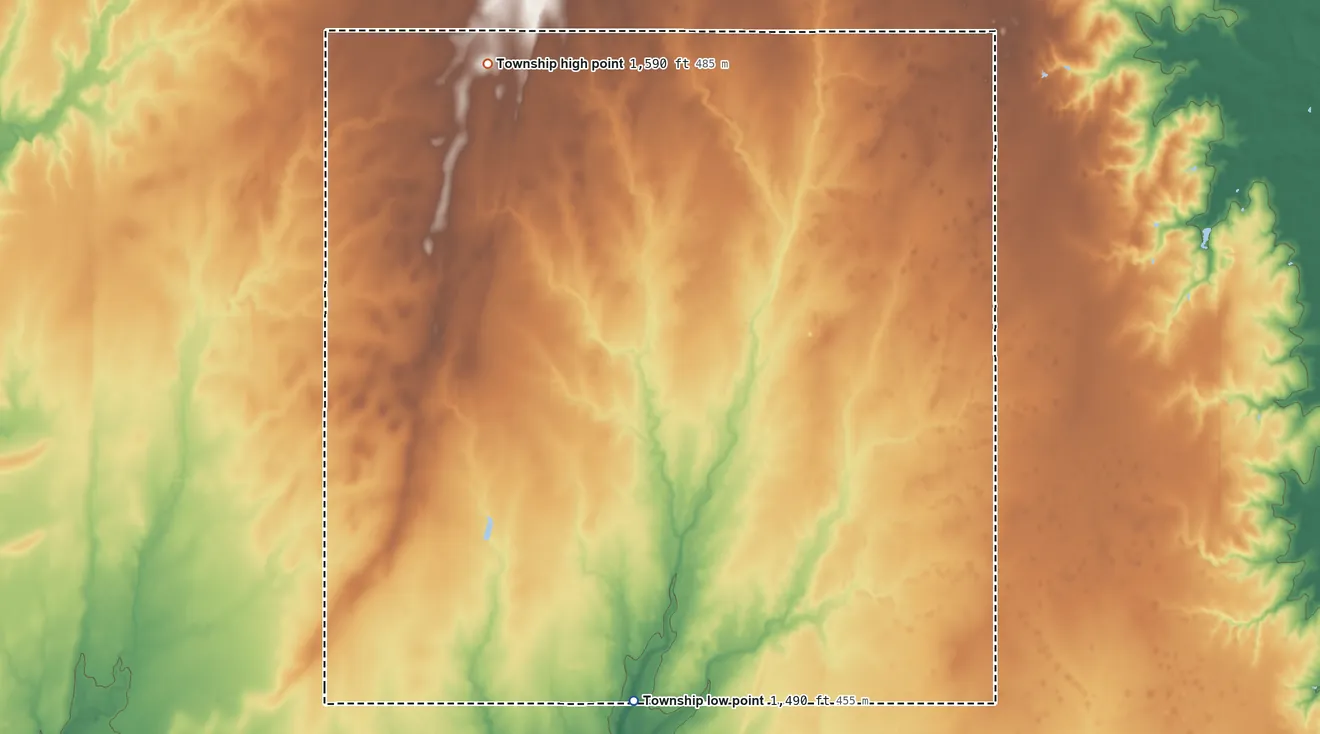 Topographic elevation map of Spring Valley Township, McPherson County, Kansas, shaded from 1,490 ft on the south side to 1,590 ft on the northwest side