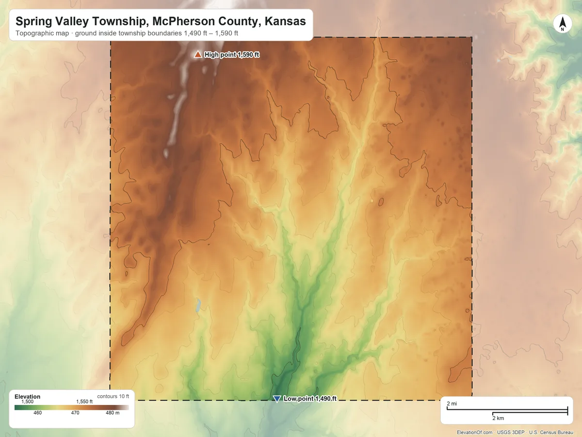 Topographic elevation map of Spring Valley Township, McPherson County, Kansas, shaded from 1,490 ft on the south side to 1,590 ft on the northwest side