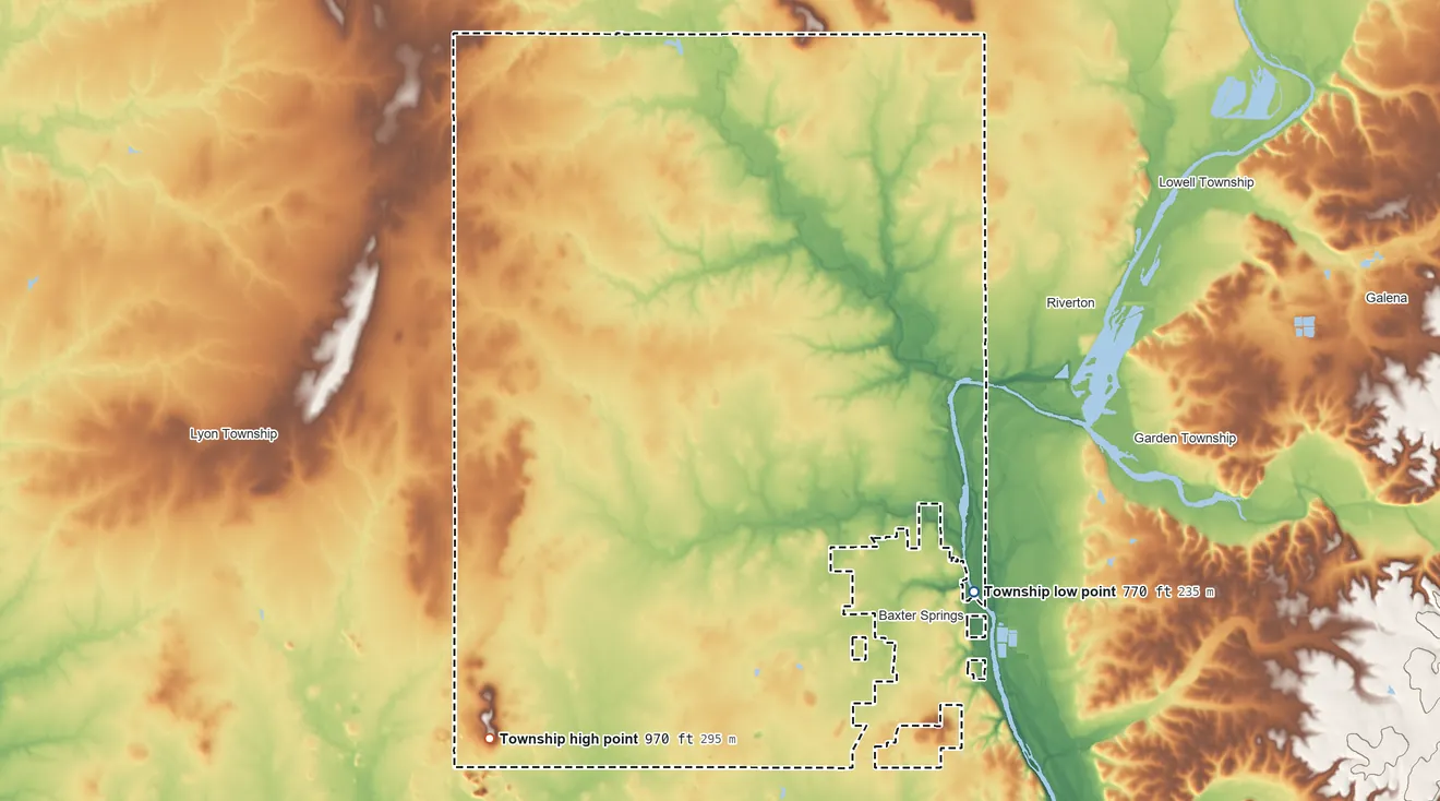 Topographic elevation map of Spring Valley Township, Kansas, shaded from 770 ft on the southeast side to 970 ft on Blue Mound