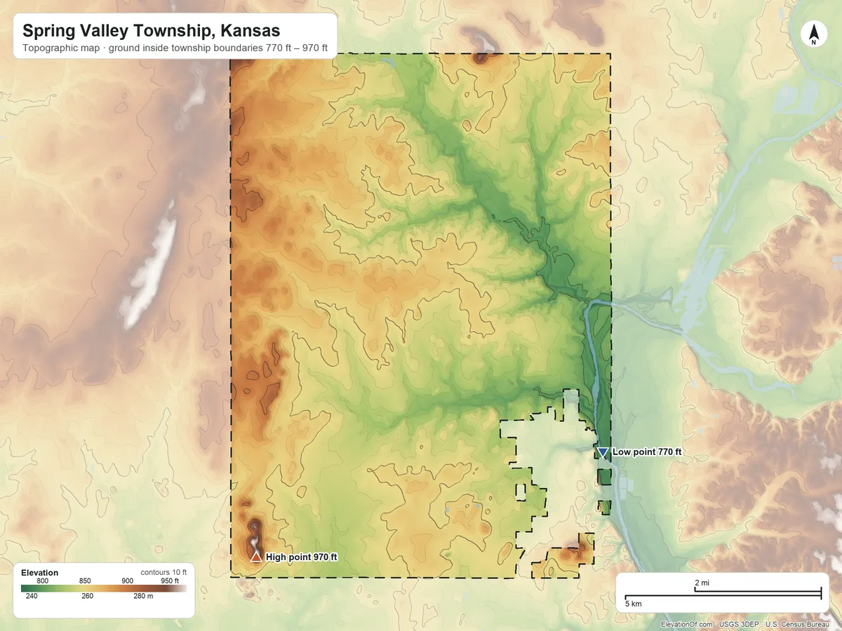 Topographic elevation map of Spring Valley Township, Kansas, shaded from 770 ft on the southeast side to 970 ft on Blue Mound