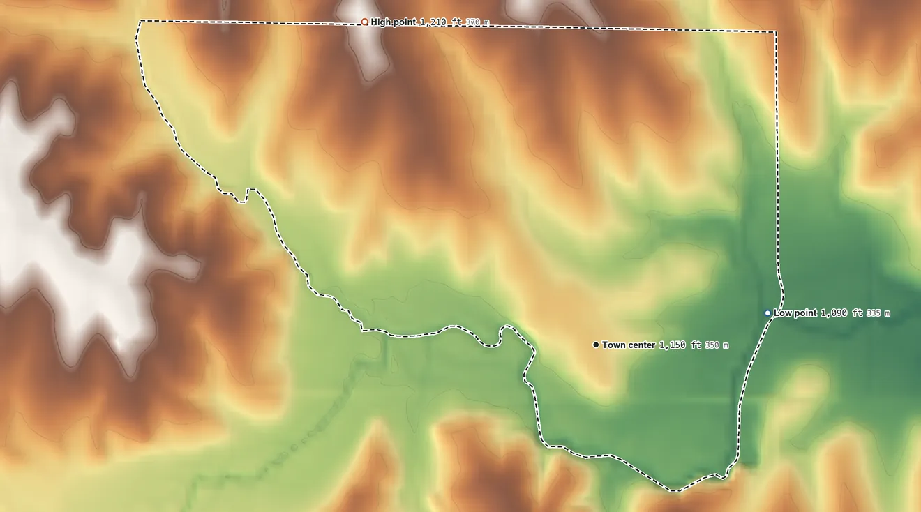 Topographic elevation map of St. Benedict, Kansas, shaded from 1,090 ft on the east side to 1,210 ft on the northwest side