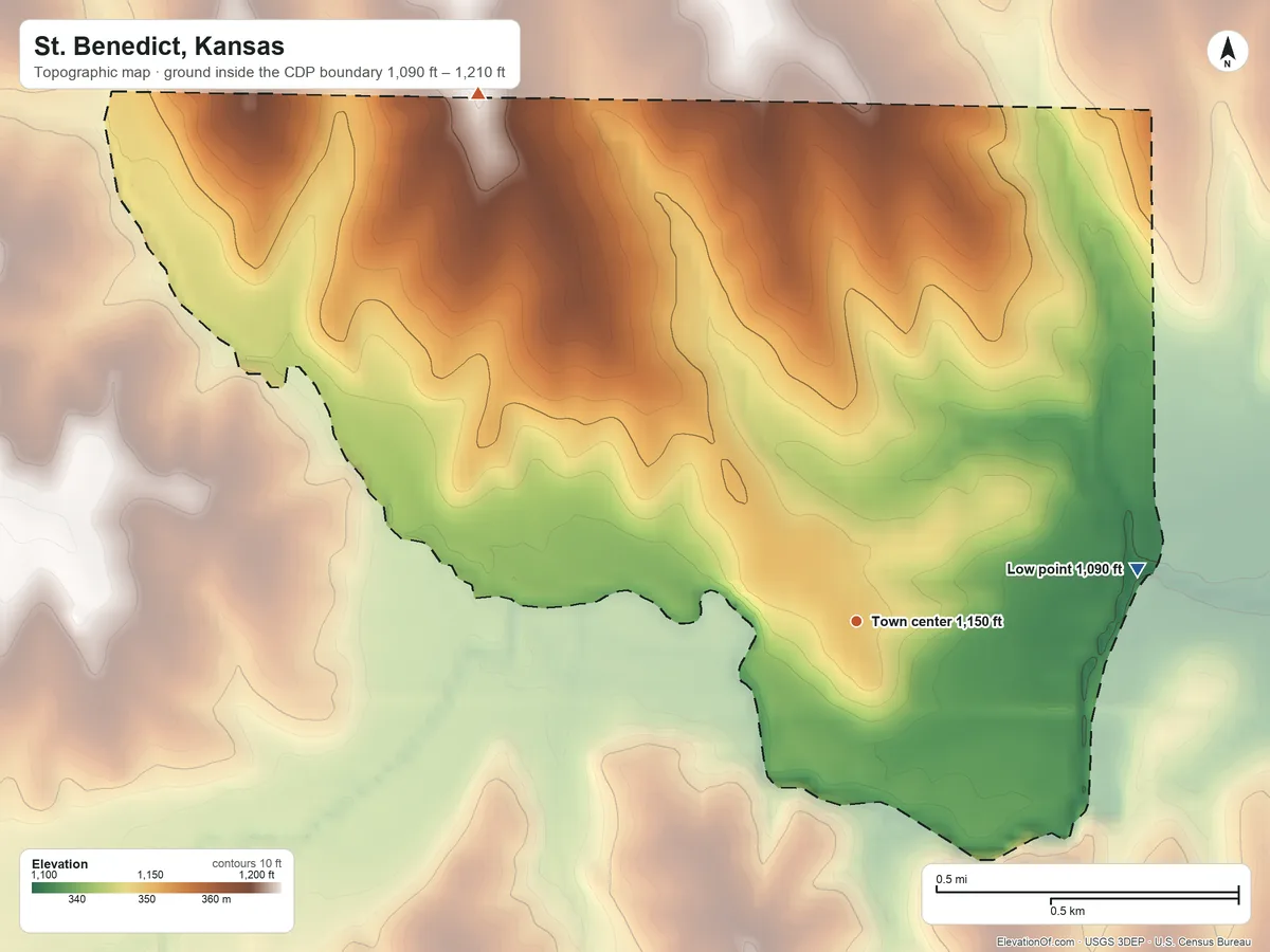 Topographic elevation map of St. Benedict, Kansas, shaded from 1,090 ft on the east side to 1,210 ft on the northwest side