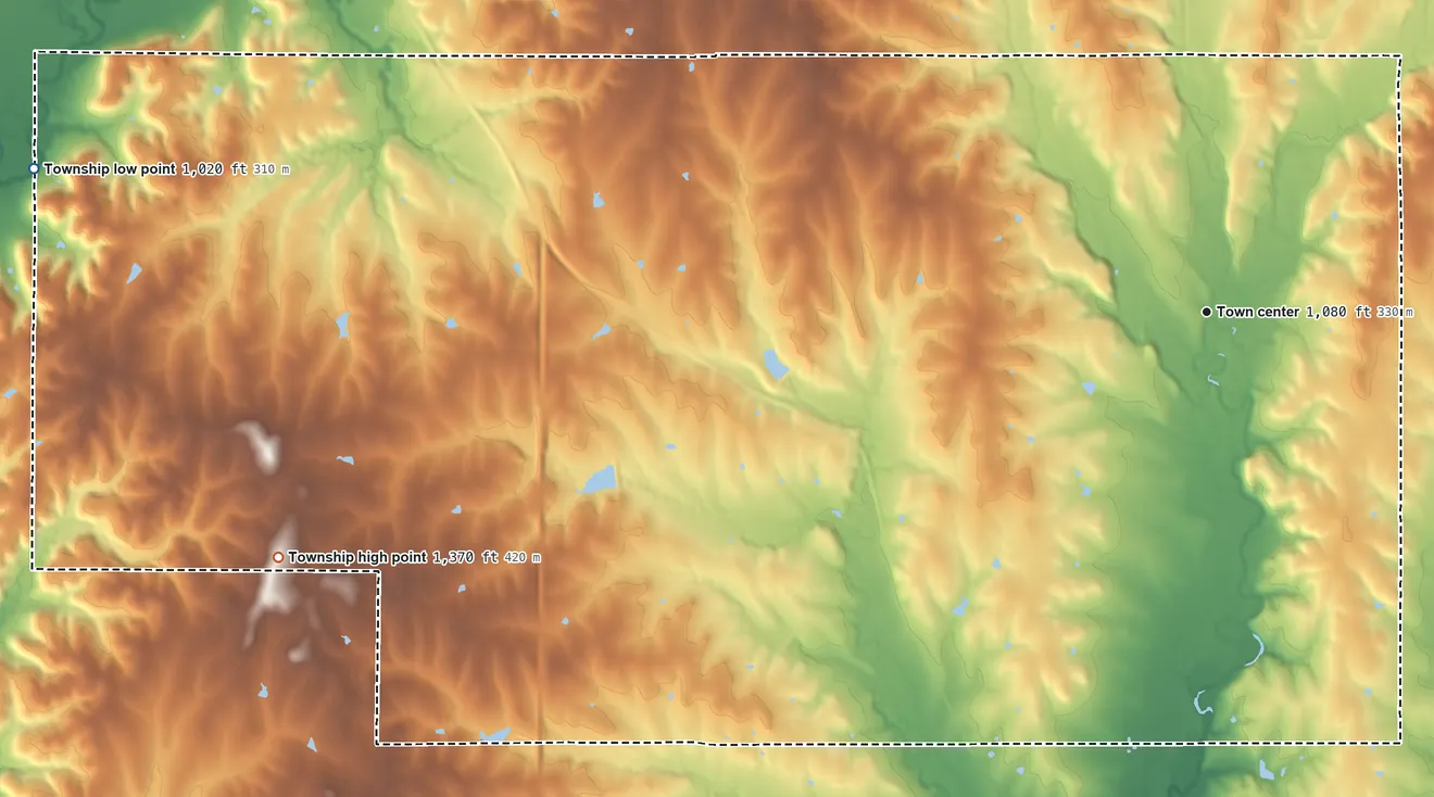 Topographic elevation map of St. Clere Township, Kansas, shaded from 1,020 ft on the west side to 1,370 ft on the west side